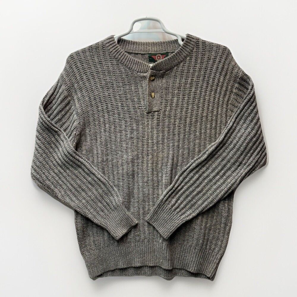 Vintage America Outdoor Sweater Brown Rib Knit Henley Button Pullover 90s Size L
